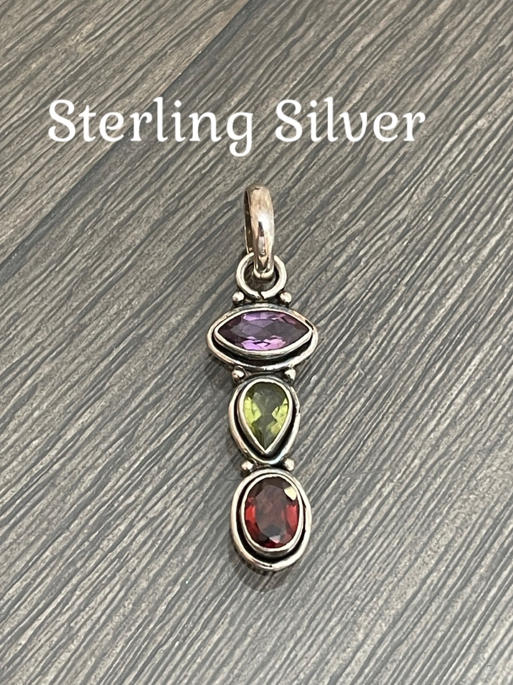 Vintage Sterling Silver Multi-gemstone Drop Pendant - Topaz, Peridot & Garn